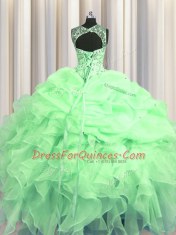 Graceful See Through Apple Green Scoop Neckline Beading and Ruffles and Pick Ups 15 Quinceanera Dress Sleeveless Lace Up