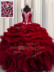Sequins See Through Floor Length Wine Red 15 Quinceanera Dress Straps Sleeveless Zipper