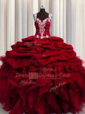 Sequins See Through Floor Length Wine Red 15 Quinceanera Dress Straps Sleeveless Zipper