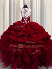 Sequins See Through Floor Length Wine Red 15 Quinceanera Dress Straps Sleeveless Zipper