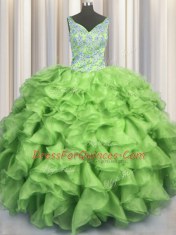 V Neck Sleeveless Beading and Ruffles Lace Up Sweet 16 Dresses