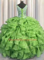 V Neck Sleeveless Beading and Ruffles Lace Up Sweet 16 Dresses