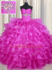 Sweet Fuchsia Sleeveless Floor Length Beading and Ruffled Layers Lace Up 15 Quinceanera Dress