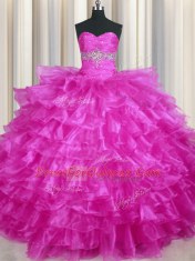 Sweet Fuchsia Sleeveless Floor Length Beading and Ruffled Layers Lace Up 15 Quinceanera Dress