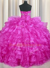 Sweet Fuchsia Sleeveless Floor Length Beading and Ruffled Layers Lace Up 15 Quinceanera Dress