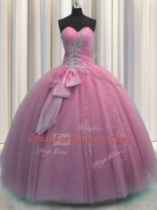 Custom Designed Rose Pink Tulle Lace Up Quinceanera Gowns Sleeveless Floor Length Beading and Sequins and Bowknot
