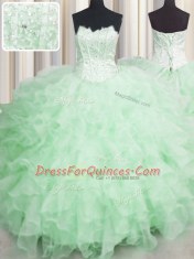 Stylish Scalloped Visible Boning Apple Green Sleeveless Beading and Ruffles Floor Length Quinceanera Gowns
