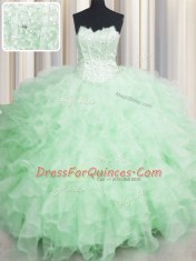 Stylish Scalloped Visible Boning Apple Green Sleeveless Beading and Ruffles Floor Length Quinceanera Gowns