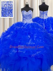 Fabulous Visible Boning Beaded Bodice Royal Blue Ball Gowns Beading and Ruffles Vestidos de Quinceanera Lace Up Organza Sleeveless Floor Length