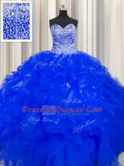 Fabulous Visible Boning Beaded Bodice Royal Blue Ball Gowns Beading and Ruffles Vestidos de Quinceanera Lace Up Organza Sleeveless Floor Length