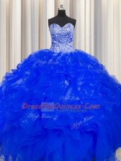 Fabulous Visible Boning Beaded Bodice Royal Blue Ball Gowns Beading and Ruffles Vestidos de Quinceanera Lace Up Organza Sleeveless Floor Length