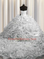 Court Train Grey Sweetheart Lace Up Beading and Pick Ups Sweet 16 Quinceanera Dress Sleeveless