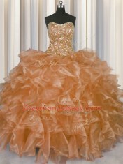 Visible Boning Ball Gowns Quinceanera Dress Champagne Strapless Organza Sleeveless Floor Length Lace Up