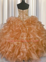 Visible Boning Ball Gowns Quinceanera Dress Champagne Strapless Organza Sleeveless Floor Length Lace Up