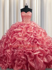 Fantastic Watermelon Red Sweetheart Lace Up Beading and Pick Ups Sweet 16 Dress Court Train Sleeveless