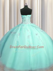 Adorable Really Puffy Turquoise Zipper Sweetheart Beading and Appliques 15 Quinceanera Dress Organza Sleeveless