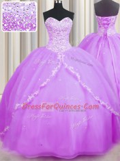 Hot Selling Lilac Ball Gowns Organza Sweetheart Sleeveless Beading and Appliques With Train Lace Up Quince Ball Gowns Brush Train
