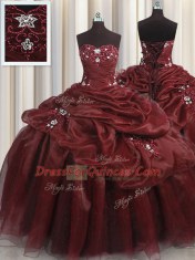 Custom Made Sweetheart Sleeveless 15th Birthday Dress Floor Length Beading and Appliques and Pick Ups Burgundy Organza