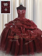 Custom Made Sweetheart Sleeveless 15th Birthday Dress Floor Length Beading and Appliques and Pick Ups Burgundy Organza
