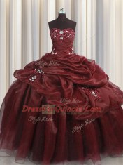 Custom Made Sweetheart Sleeveless 15th Birthday Dress Floor Length Beading and Appliques and Pick Ups Burgundy Organza