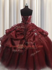 Custom Made Sweetheart Sleeveless 15th Birthday Dress Floor Length Beading and Appliques and Pick Ups Burgundy Organza
