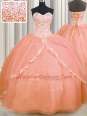 Spectacular Brush Train Peach Ball Gowns Beading and Appliques Sweet 16 Dress Lace Up Organza Sleeveless With Train