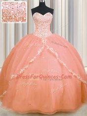 Spectacular Brush Train Peach Ball Gowns Beading and Appliques Sweet 16 Dress Lace Up Organza Sleeveless With Train