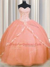 Spectacular Brush Train Peach Ball Gowns Beading and Appliques Sweet 16 Dress Lace Up Organza Sleeveless With Train