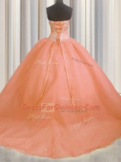 Spectacular Brush Train Peach Ball Gowns Beading and Appliques Sweet 16 Dress Lace Up Organza Sleeveless With Train