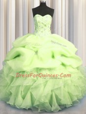 Unique Pick Ups Visible Boning Ball Gowns 15th Birthday Dress Yellow Green Sweetheart Organza Sleeveless Floor Length Lace Up