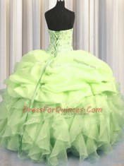 Unique Pick Ups Visible Boning Ball Gowns 15th Birthday Dress Yellow Green Sweetheart Organza Sleeveless Floor Length Lace Up