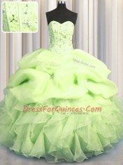 Unique Pick Ups Visible Boning Ball Gowns 15th Birthday Dress Yellow Green Sweetheart Organza Sleeveless Floor Length Lace Up