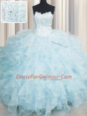 Best Selling Scalloped Floor Length Lace Up Sweet 16 Quinceanera Dress Baby Blue for Military Ball and Sweet 16 and Quinceanera with Ruffles