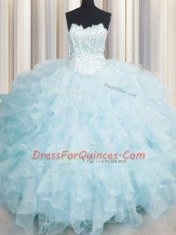 Best Selling Scalloped Floor Length Lace Up Sweet 16 Quinceanera Dress Baby Blue for Military Ball and Sweet 16 and Quinceanera with Ruffles