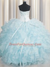 Best Selling Scalloped Floor Length Lace Up Sweet 16 Quinceanera Dress Baby Blue for Military Ball and Sweet 16 and Quinceanera with Ruffles