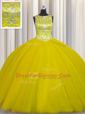 Scoop Floor Length Lace Up Sweet 16 Quinceanera Dress Gold for Military Ball and Sweet 16 and Quinceanera with Beading