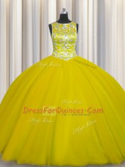 Scoop Floor Length Lace Up Sweet 16 Quinceanera Dress Gold for Military Ball and Sweet 16 and Quinceanera with Beading