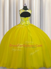 Scoop Floor Length Lace Up Sweet 16 Quinceanera Dress Gold for Military Ball and Sweet 16 and Quinceanera with Beading
