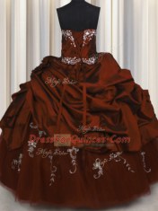 Classical Embroidery Burgundy 15th Birthday Dress Military Ball and Sweet 16 and Quinceanera and For with Beading and Appliques and Pick Ups Strapless Sleeveless Lace Up