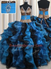 Leopard Two Tone V Neck Floor Length Ball Gowns Sleeveless Blue And Black Quinceanera Gown Lace Up