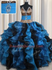 Leopard Two Tone V Neck Floor Length Ball Gowns Sleeveless Blue And Black Quinceanera Gown Lace Up