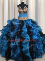 Leopard Two Tone V Neck Floor Length Ball Gowns Sleeveless Blue And Black Quinceanera Gown Lace Up