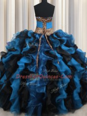 Leopard Two Tone V Neck Floor Length Ball Gowns Sleeveless Blue And Black Quinceanera Gown Lace Up