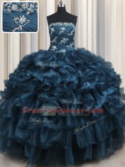 Sleeveless Floor Length Appliques and Ruffles and Ruffled Layers Lace Up Vestidos de Quinceanera with Navy Blue