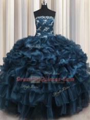 Sleeveless Floor Length Appliques and Ruffles and Ruffled Layers Lace Up Vestidos de Quinceanera with Navy Blue