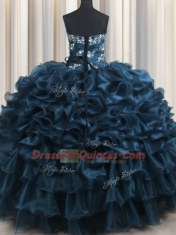 Sleeveless Floor Length Appliques and Ruffles and Ruffled Layers Lace Up Vestidos de Quinceanera with Navy Blue