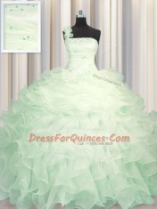 Apple Green Organza Zipper One Shoulder Sleeveless Floor Length Sweet 16 Dresses Beading and Ruffles