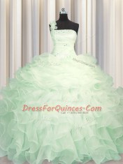 Apple Green Organza Zipper One Shoulder Sleeveless Floor Length Sweet 16 Dresses Beading and Ruffles