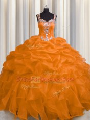 Fabulous See Through Zipper Up Floor Length Ball Gowns Sleeveless Orange Quinceanera Gowns Zipper
