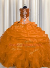 Fabulous See Through Zipper Up Floor Length Ball Gowns Sleeveless Orange Quinceanera Gowns Zipper